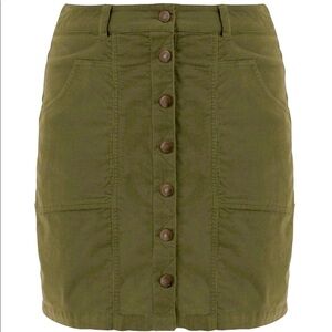 Aventura organic corduroy button front mini skirt in olive green. Size 4